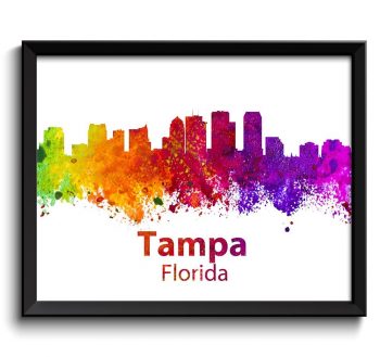 INSTANT DOWNLOAD Tampa Skyline Florida City Colorful Watercolor Cityscape Poster Print Landscape Art Painting Red Purple Pink Yellow Green