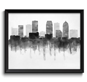 INSTANT DOWNLOAD Tampa Skyline Florida USA United States Cityscape Art Print Poster Black White Grey Watercolor Painting