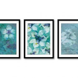 INSTANT DOWNLOAD Teal Blue Green White Flower Botanical Bathroom Art Print Set of 3 Elegant Watercolor Painting Wall Decor Bedroom