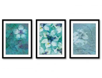 INSTANT DOWNLOAD Teal Blue Green White Flower Botanical Bathroom Art Print Set of 3 Elegant Watercolor Painting Wall Decor Bedroom