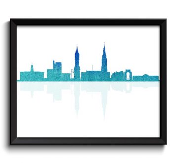 INSTANT DOWNLOAD Teal Blue Turquoise Leicester Skyline England Europe Cityscape Art Print Poster Watercolor Painting