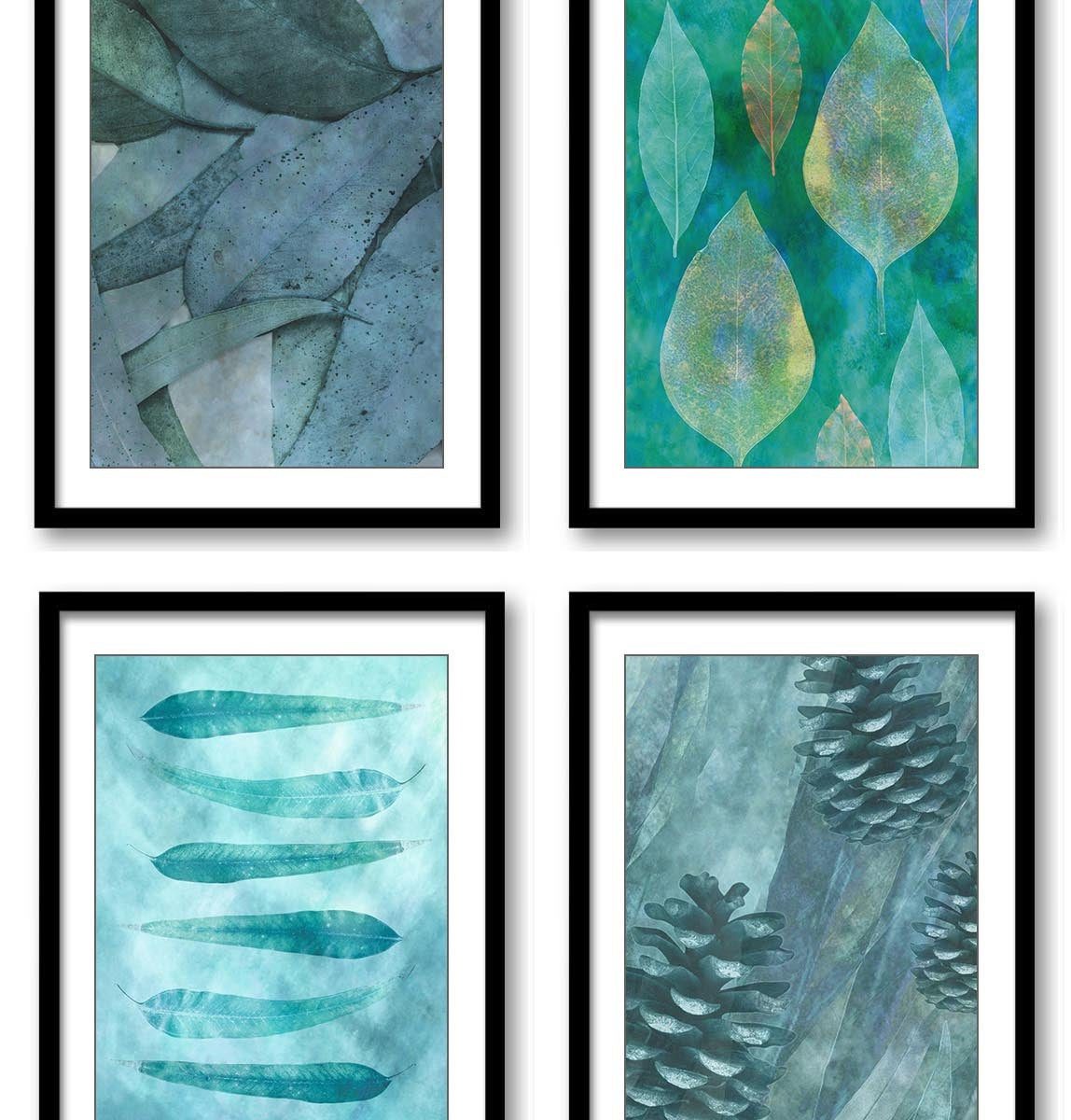 INSTANT DOWNLOAD Teal Green Leaves Leaf Pinecone Bathroom Art Print Colorful Set of 4 Elegant Watercolor Painting Wall Decor Bedroom