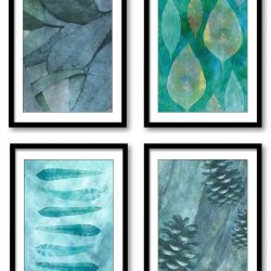 INSTANT DOWNLOAD Teal Green Leaves Leaf Pinecone Bathroom Art Print Colorful Set of 4 Elegant Watercolor Painting Wall Decor Bedroom