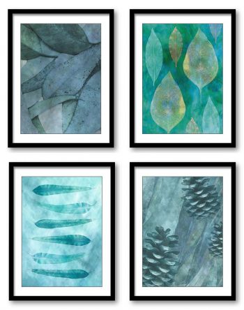 INSTANT DOWNLOAD Teal Green Leaves Leaf Pinecone Bathroom Art Print Colorful Set of 4 Elegant Watercolor Painting Wall Decor Bedroom