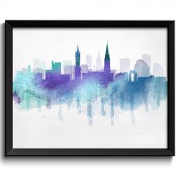 INSTANT DOWNLOAD Teal Turquoise Blue Purple Leicester Skyline England Europe Cityscape Art Print Poster Watercolor Painting