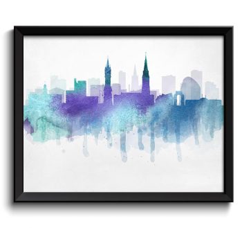 INSTANT DOWNLOAD Teal Turquoise Blue Purple Leicester Skyline England Europe Cityscape Art Print Poster Watercolor Painting