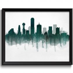 INSTANT DOWNLOAD Texas Emerald Green Dallas Skyline USA United States Cityscape Art Print Poster Watercolor Painting