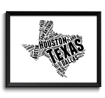 INSTANT DOWNLOAD Texas Map State Text Words Black White Watercolor Poster Print USA United States Landscape Art Painting