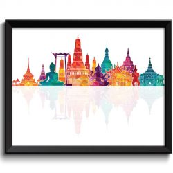 INSTANT DOWNLOAD Thailand Skyline City Cityscape Poster Print Asia Modern Abstract Landscape Art Painting Green Blue Teal Pink Purple Peach