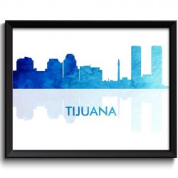 INSTANT DOWNLOAD Tijuana Skyline City Navy Sky Blue Watercolor Painting Cityscape Poster Print Mexico South America Modern Landscape Art