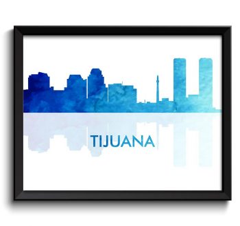 INSTANT DOWNLOAD Tijuana Skyline City Navy Sky Blue Watercolor Painting Cityscape Poster Print Mexico South America Modern Landscape Art