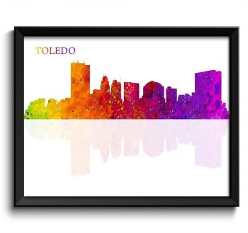 INSTANT DOWNLOAD Toledo Skyline Pink Purple Red Yellow Green Ohio USA United States Watercolor Art Poster Print Wall Art Decor Painting City