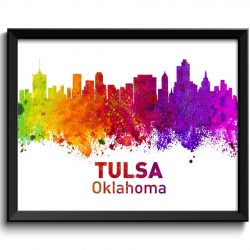 INSTANT DOWNLOAD Tulsa Skyline Oklahoma City Colorful Watercolor Cityscape Poster Print Landscape Art Painting Red Purple Pink Yellow Green