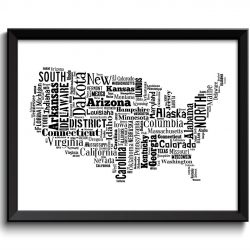 INSTANT DOWNLOAD United States USA Map State Text Word Cloud Black White Poster Print Modern Typography Print Landscape Wall Art Painting