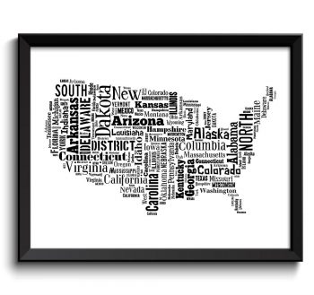 INSTANT DOWNLOAD United States USA Map State Text Word Cloud Black White Poster Print Modern Typography Print Landscape Wall Art Painting