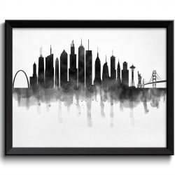 INSTANT DOWNLOAD USA Skyline United States City Black White Grey Cityscape Famous Landmarks Poster Print Abstract Landscape Art Painting