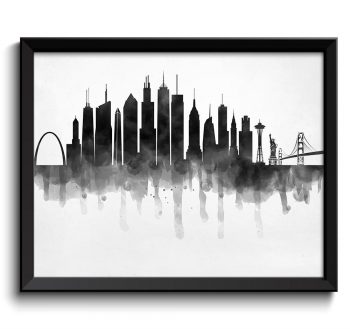 INSTANT DOWNLOAD USA Skyline United States City Black White Grey Cityscape Famous Landmarks Poster Print Abstract Landscape Art Painting