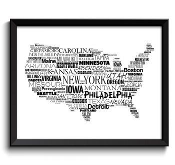 INSTANT DOWNLOAD USA United States Text Map Word Cloud Black White Typography Poster Print Country Modern Landscape Wall Art Painting