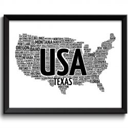 INSTANT DOWNLOAD USA United States Text Word Cloud Map Black White Poster Print Modern Abstract Typography Landscape Wall Art Painting