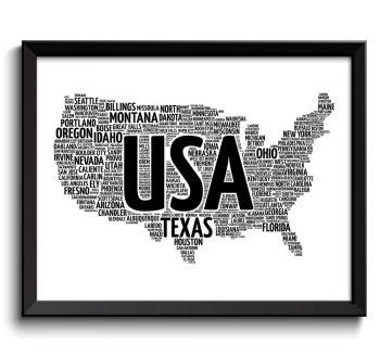 INSTANT DOWNLOAD USA United States Text Word Cloud Map Black White Poster Print Modern Abstract Typography Landscape Wall Art Painting