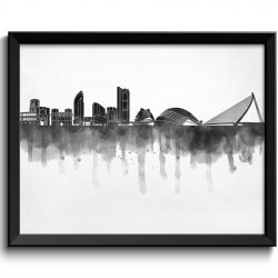 INSTANT DOWNLOAD Valencia Skyline City Black White Grey Cityscape Spain Europe Famous Landmarks Poster Print Abstract Landscape Art Painting