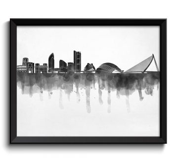 INSTANT DOWNLOAD Valencia Skyline City Black White Grey Cityscape Spain Europe Famous Landmarks Poster Print Abstract Landscape Art Painting