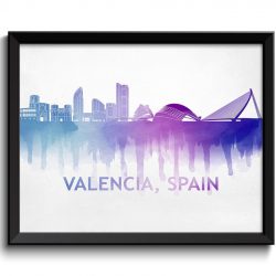 INSTANT DOWNLOAD Valencia Skyline City Navy Blue Purple Cityscape Spain Europe Famous Landmarks Poster Print Abstract Landscape Art Painting