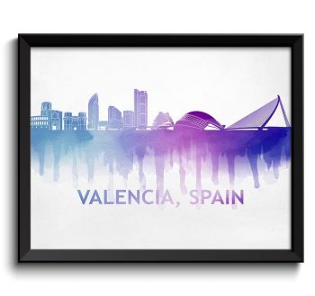 INSTANT DOWNLOAD Valencia Skyline City Navy Blue Purple Cityscape Spain Europe Famous Landmarks Poster Print Abstract Landscape Art Painting