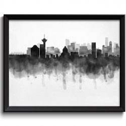 INSTANT DOWNLOAD Vancouver Skyline BC British Columbia Canada Cityscape Art Print Poster Black White Grey Watercolor Painting