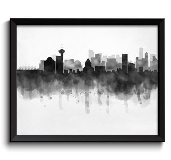 INSTANT DOWNLOAD Vancouver Skyline BC British Columbia Canada Cityscape Art Print Poster Black White Grey Watercolor Painting