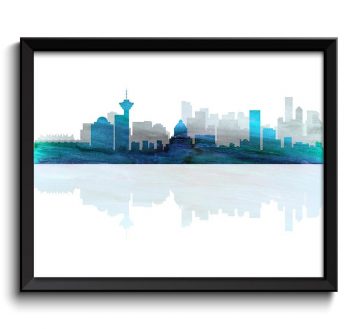 INSTANT DOWNLOAD Vancouver Skyline City Blue Turquoise Navy Grey Watercolor Cityscape Print British Columbia Canada Landscape Art Painting