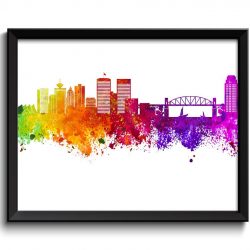 INSTANT DOWNLOAD Vancouver Skyline Cityscape Canada Colorful Watercolor Poster Print Landscape Art Painting Red Purple Pink Yellow Green