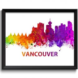 INSTANT DOWNLOAD Vancouver Skyline Colorful Watercolor Cityscape Poster Print Canada Landscape Art Painting Red Purple Pink Yellow Green