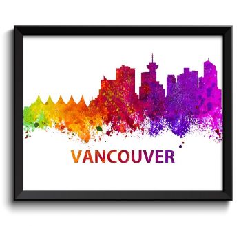 INSTANT DOWNLOAD Vancouver Skyline Colorful Watercolor Cityscape Poster Print Canada Landscape Art Painting Red Purple Pink Yellow Green