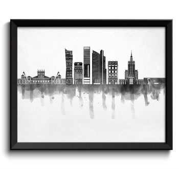 INSTANT DOWNLOAD Warsaw Skyline City Black White Grey Cityscape Poland Europe Famous Landmarks Poster Print Abstract Landscape Art Painting