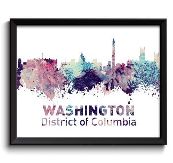 INSTANT DOWNLOAD Washington DC Skyline District of Columbia Washington Wall Art Print Poster Pink Turquoise Blue Purple Watercolor Painting