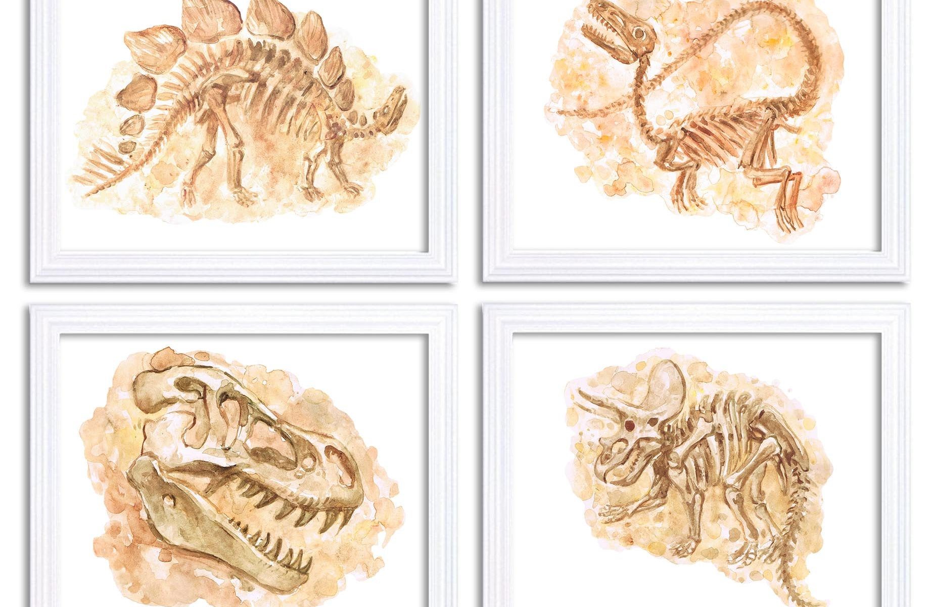 INSTANT DOWNLOAD Watercolor Dinosaur Fossils Prints Dinosaur Bones Wall Art Set of 4 Children Nursery Poster Home Wall Decor Beige Painting