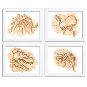 INSTANT DOWNLOAD Watercolor Dinosaur Fossils Prints Dinosaur Bones Wall Art Set of 4 Children Nursery Poster Home Wall Decor Beige Painting