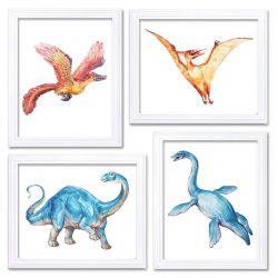 INSTANT DOWNLOAD Watercolor Dinosaur Print Dinosaur Wall Art Set of 4 Children Nursery Art Poster Home Decor Yellow Blue Red Orange Painting