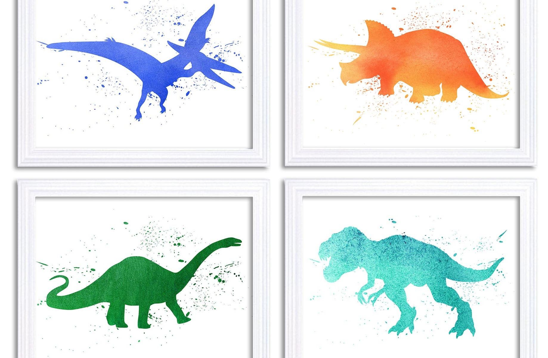 INSTANT DOWNLOAD Watercolor Dinosaur Prints Colorful Wall Art Set of 4 Children Nursery Art Poster Home Decor Painting Blue Orange Green