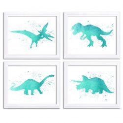 INSTANT DOWNLOAD Watercolor Dinosaur Prints Colorful Wall Art Set of 4 Icy Teal Blue Children Nursery Art Poster Home Decor Painting