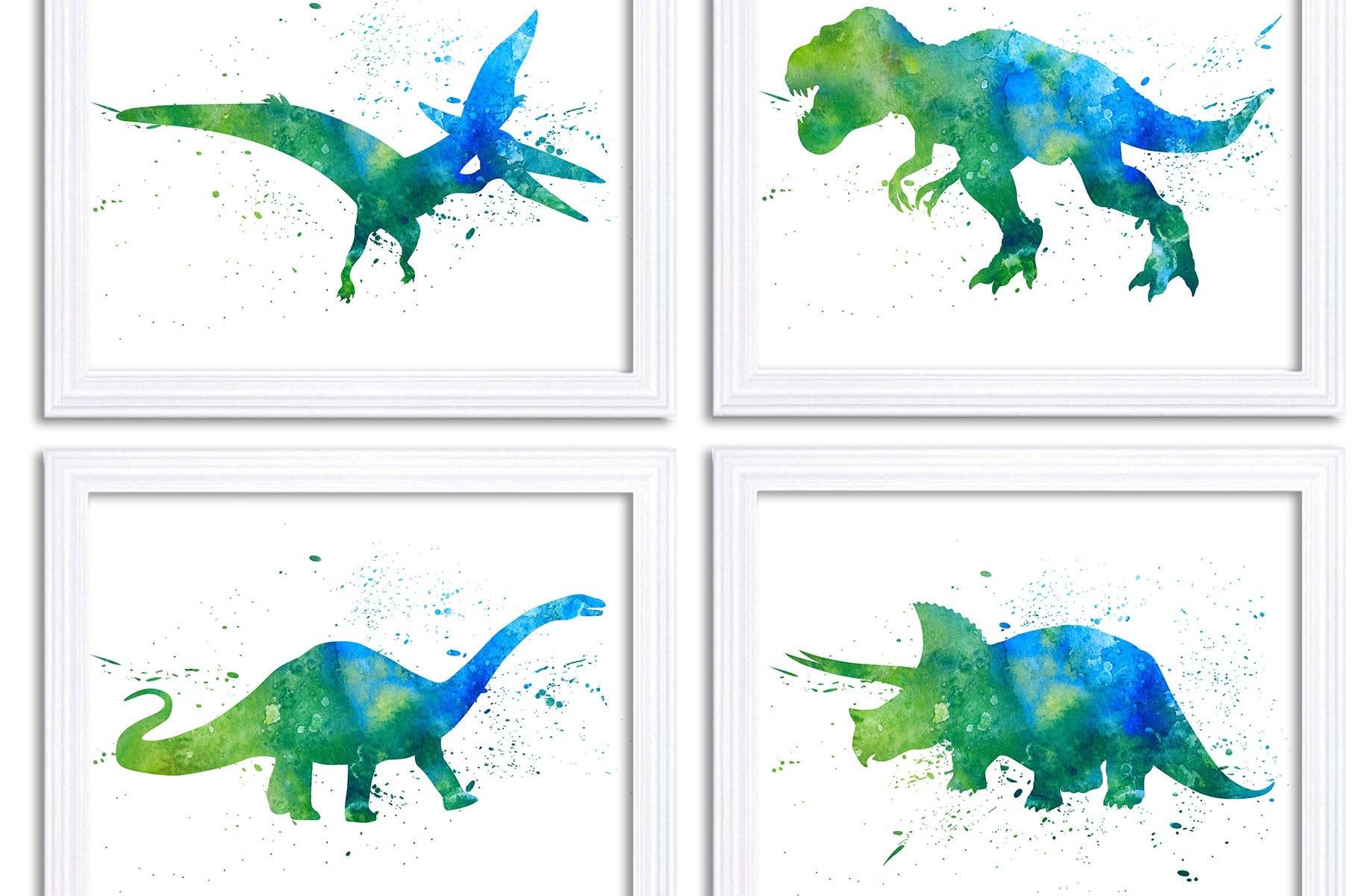 INSTANT DOWNLOAD Watercolor Dinosaur Prints Dinosaur Wall Art Set of 4 Children Nursery Art Poster Home Decor Green Turquoise Blue Painting