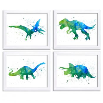 INSTANT DOWNLOAD Watercolor Dinosaur Prints Dinosaur Wall Art Set of 4 Children Nursery Art Poster Home Decor Green Turquoise Blue Painting