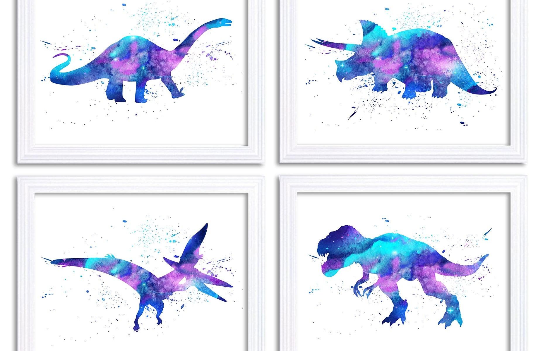 INSTANT DOWNLOAD Watercolor Dinosaur Prints Dinosaur Wall Art Set of 4 Children Nursery Art Poster Home Decor Purple Turquoise Blue Painting