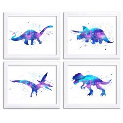 INSTANT DOWNLOAD Watercolor Dinosaur Prints Dinosaur Wall Art Set of 4 Children Nursery Art Poster Home Decor Purple Turquoise Blue Painting