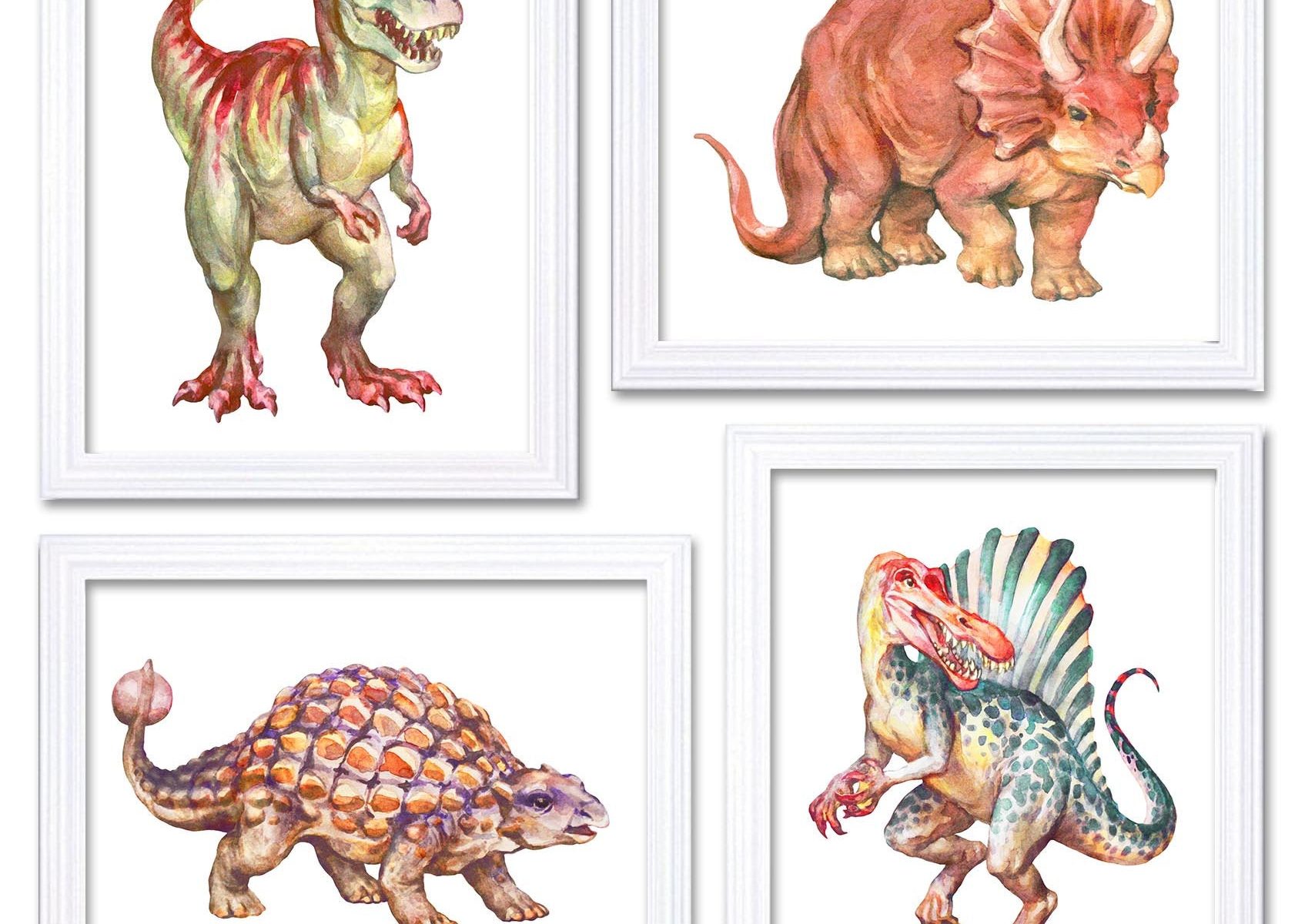 INSTANT DOWNLOAD Watercolor Dinosaur Prints Dinosaur Wall Art Set of 4 Children Nursery Art Poster Home Wall Decor Red Beige Teal Painting