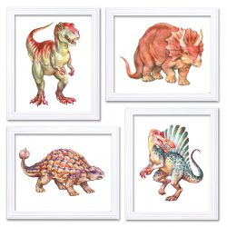 INSTANT DOWNLOAD Watercolor Dinosaur Prints Dinosaur Wall Art Set of 4 Children Nursery Art Poster Home Wall Decor Red Beige Teal Painting