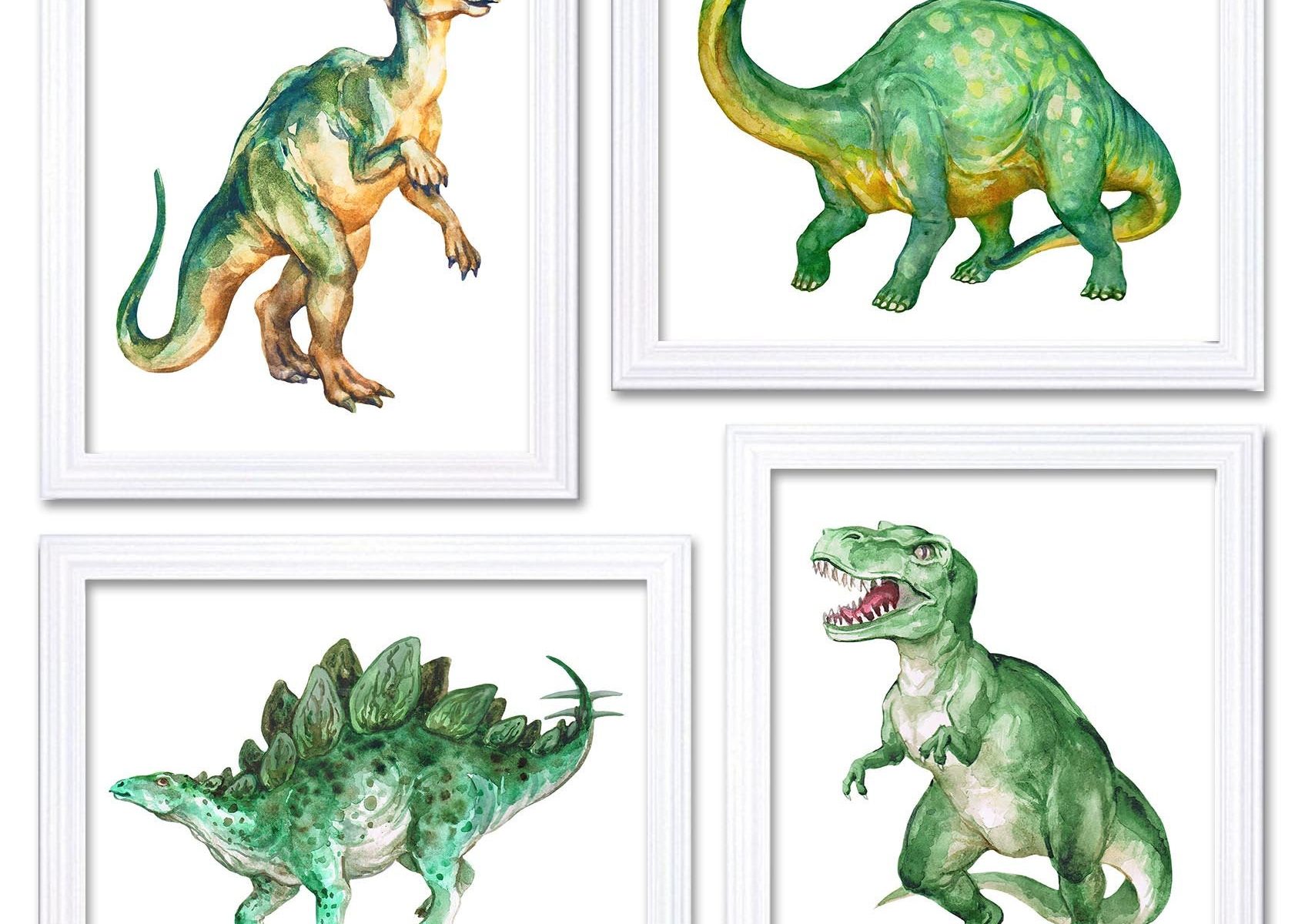 INSTANT DOWNLOAD Watercolor Dinosaur Prints Dinosaur Wall Art Set of 4 Children Nursery Poster Home Wall Decor Green Yellow Beige Painting