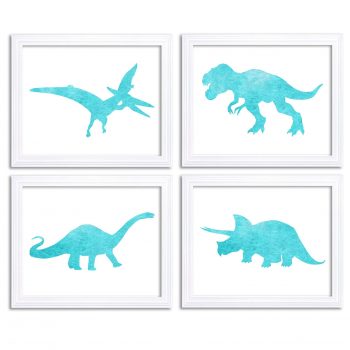 INSTANT DOWNLOAD Watercolor Dinosaur Prints Dinosaur Wall Art Set of 4 Icy Baby Blue Children Nursery Art Poster Home Decor Painting