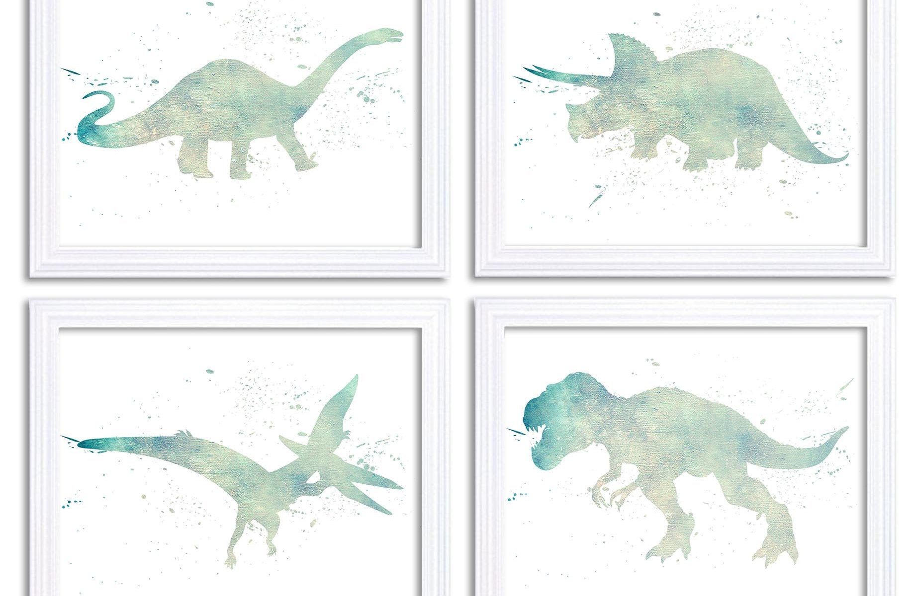 INSTANT DOWNLOAD Watercolor Dinosaur Prints Dinosaur Wall Art Set of 4 Icy Turquoise Blue Children Nursery Art Poster Home Decor Painting